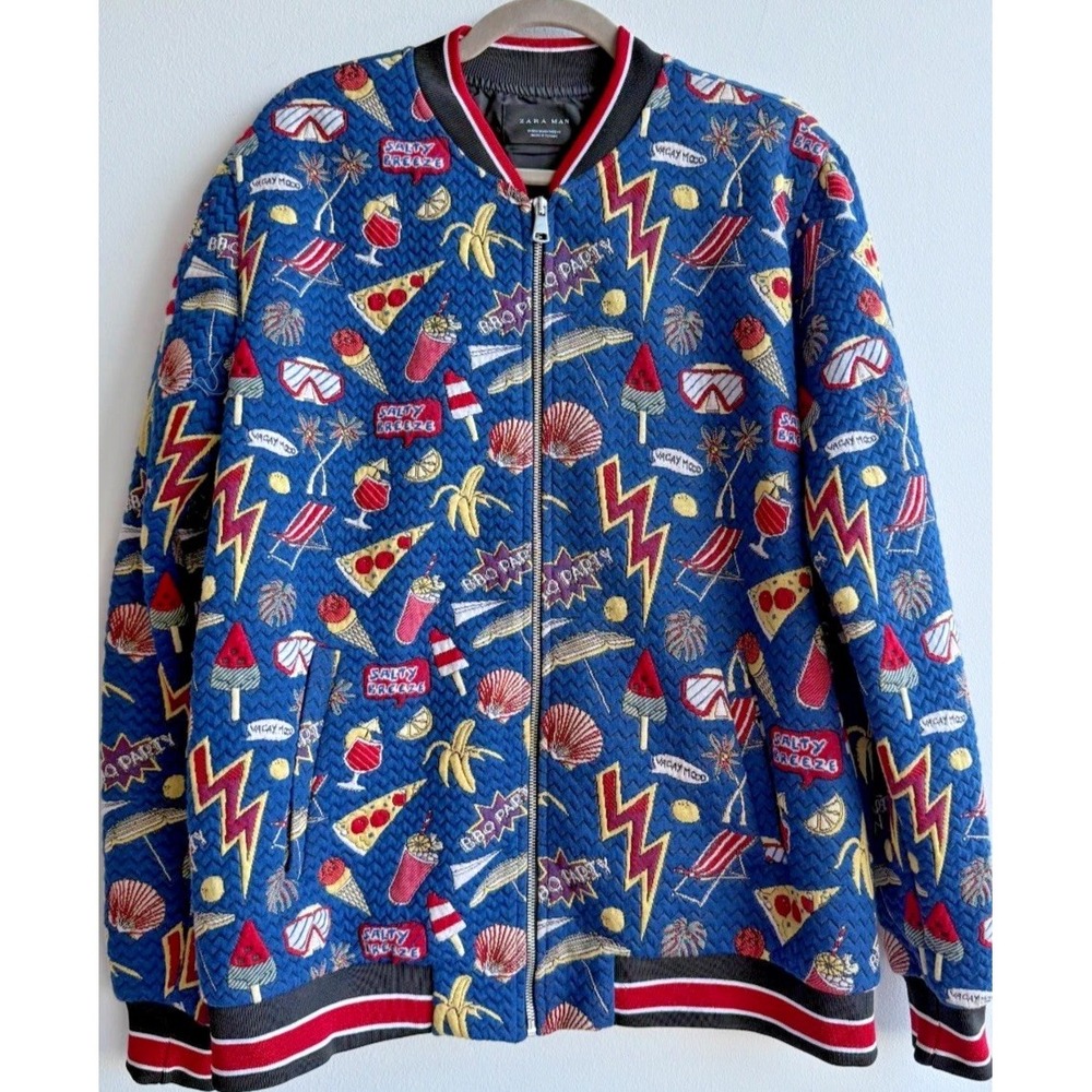 ZARA Men's Size XL Jacquard Graphic Bomber Jacket Blue Multi EUC Retro Rare $129